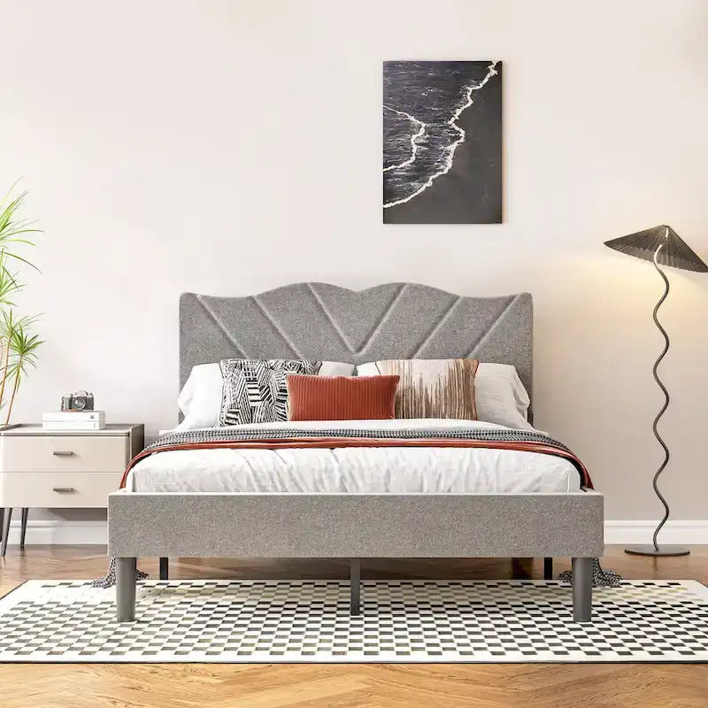 Twin Upholstered Platform Bed with Padded Headboard, Metal Frame,Gray