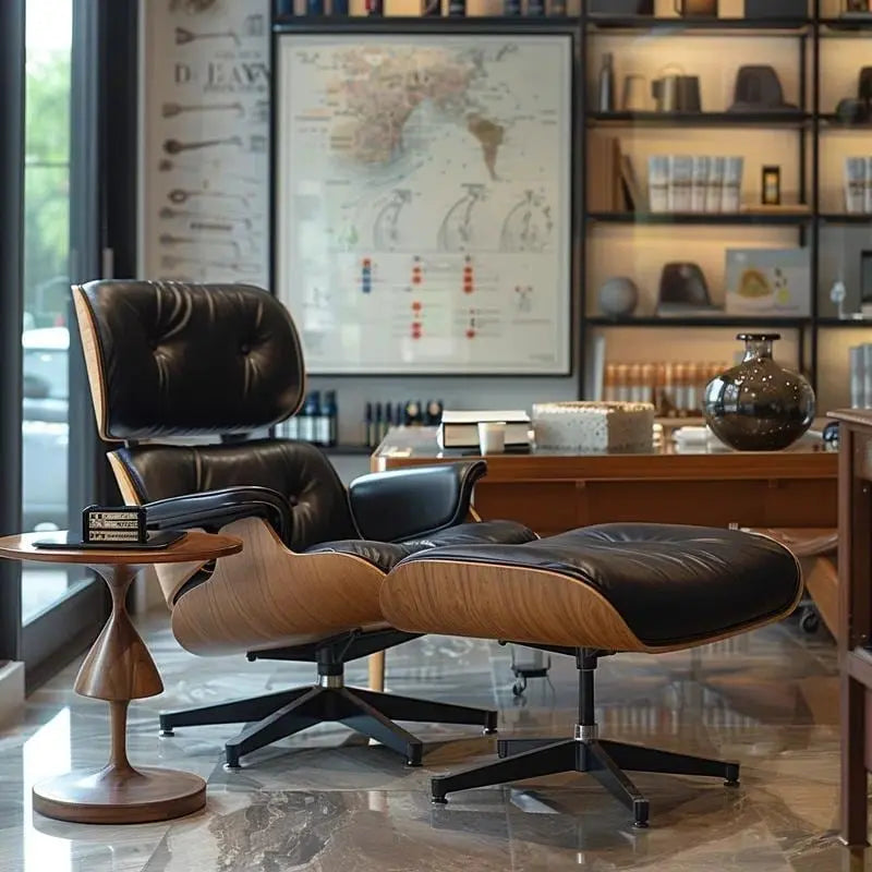 Furgle Genuine Leather Accent Lounge Chair and Ottoman Walnut Wood