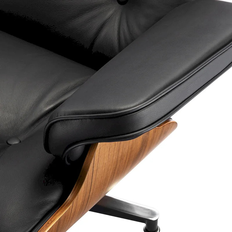 Furgle Genuine Leather Accent Lounge Chair and Ottoman Walnut Wood