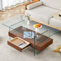 43.3 Inch Double Layer Coffee Table Storage Side Table with Open Storage Shelves, Drawers Glass Center Table End Table