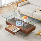 43.3 Inch Double Layer Coffee Table Storage Side Table with Open Storage Shelves, Drawers Glass Center Table End Table