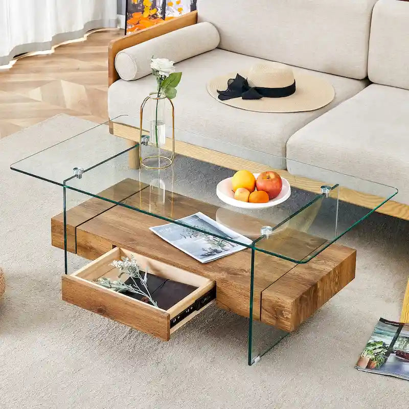 43.3 Inch Double Layer Coffee Table Storage Side Table with Open Storage Shelves, Drawers Glass Center Table End Table