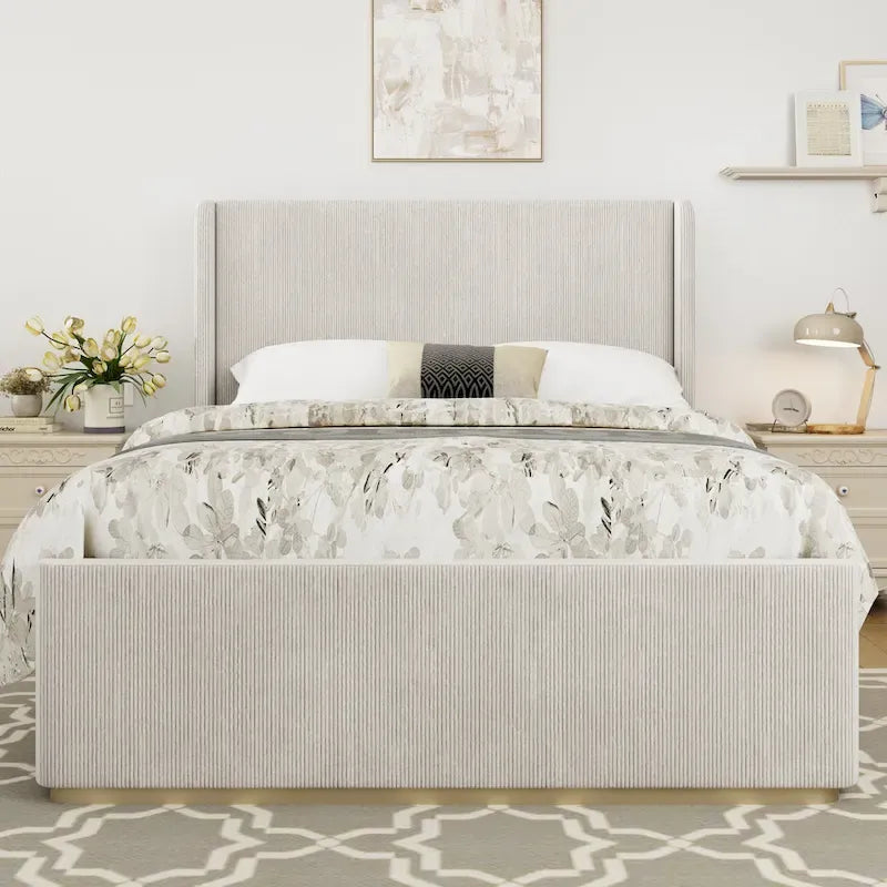 Roomfitters Queen/King Size Upholstered Bed, Corduroy Frame, Wingback Headboard, High Footboard, Light Grey
