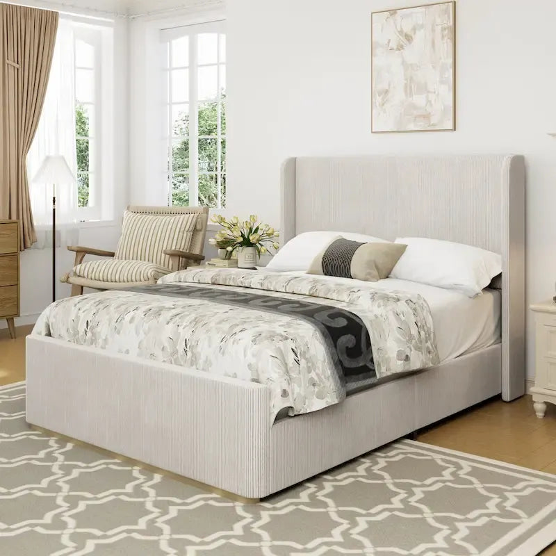 Roomfitters Queen/King Size Upholstered Bed, Corduroy Frame, Wingback Headboard, High Footboard, Light Grey