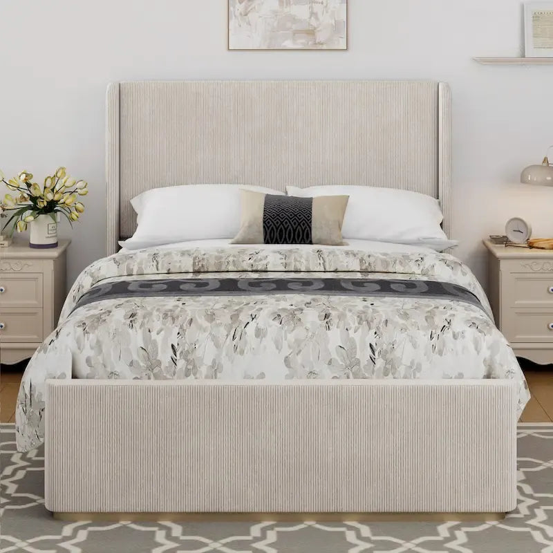 Roomfitters Queen/King Size Upholstered Bed, Corduroy Frame, Wingback Headboard, High Footboard, Light Grey