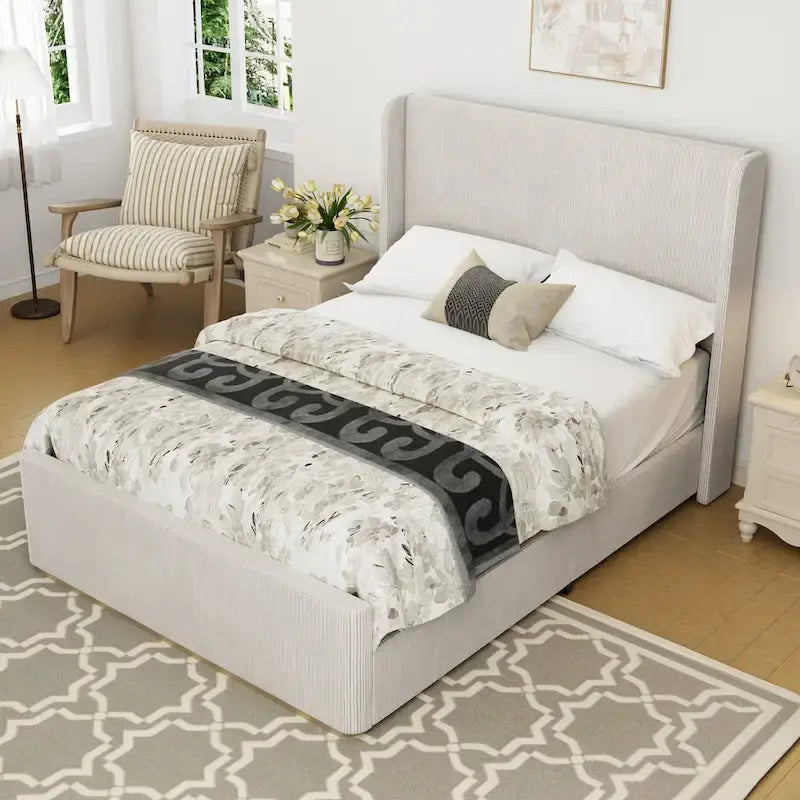 Roomfitters Queen/King Size Upholstered Bed, Corduroy Frame, Wingback Headboard, High Footboard, Light Grey