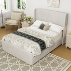 Roomfitters Queen/King Size Upholstered Bed, Corduroy Frame, Wingback Headboard, High Footboard, Light Grey