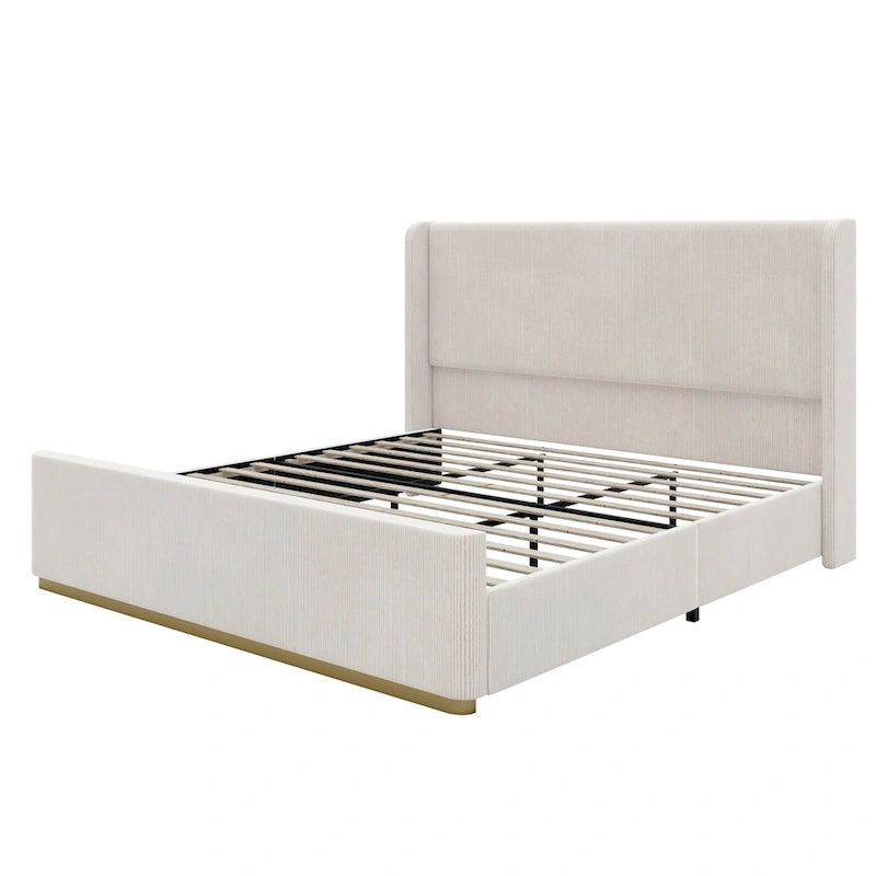 Roomfitters Queen/King Size Upholstered Bed, Corduroy Frame, Wingback Headboard, High Footboard, Light Grey