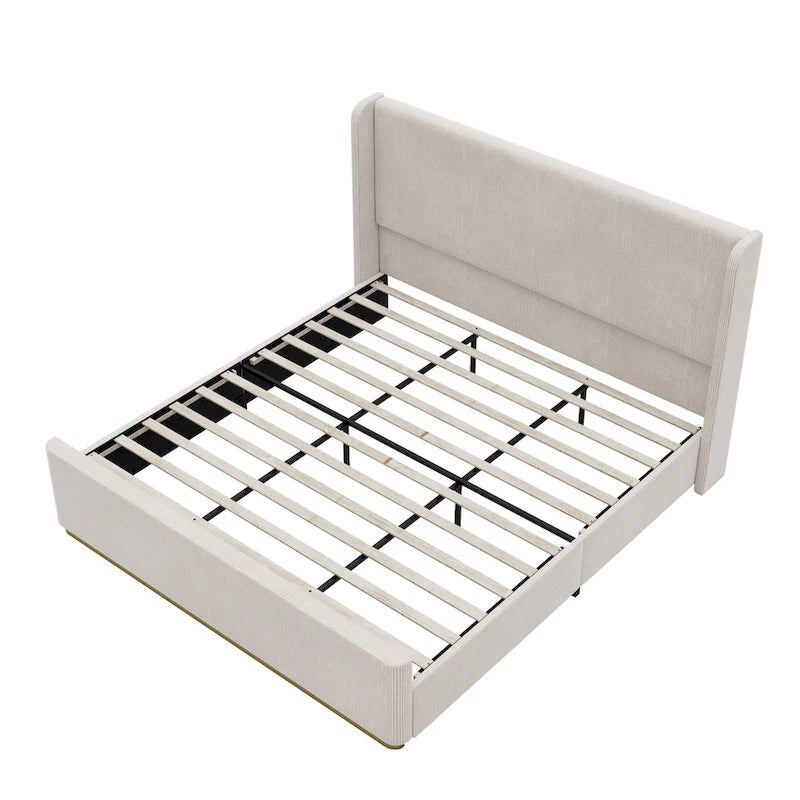 Roomfitters Queen/King Size Upholstered Bed, Corduroy Frame, Wingback Headboard, High Footboard, Light Grey