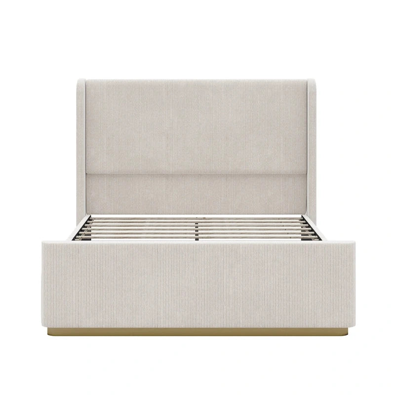 Roomfitters Queen/King Size Upholstered Bed, Corduroy Frame, Wingback Headboard, High Footboard, Light Grey