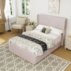 Roomfitters Queen/King Size Upholstered Bed, Corduroy Frame, Wingback Headboard, High Footboard, Light Grey