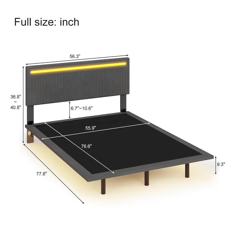 Roomfitters Full/Queen Size Floating Platform Bed Frame, Velvet Upholstery, Channel Tufted Headboard, No Box Spring Needed
