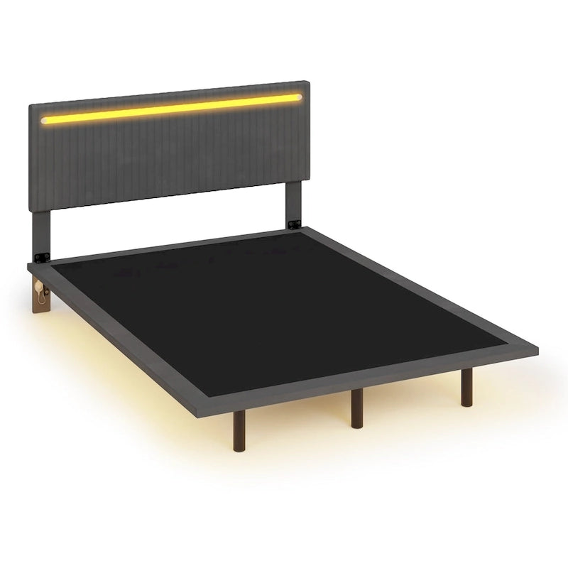 Roomfitters Full/Queen Size Floating Platform Bed Frame, Velvet Upholstery, Channel Tufted Headboard, No Box Spring Needed
