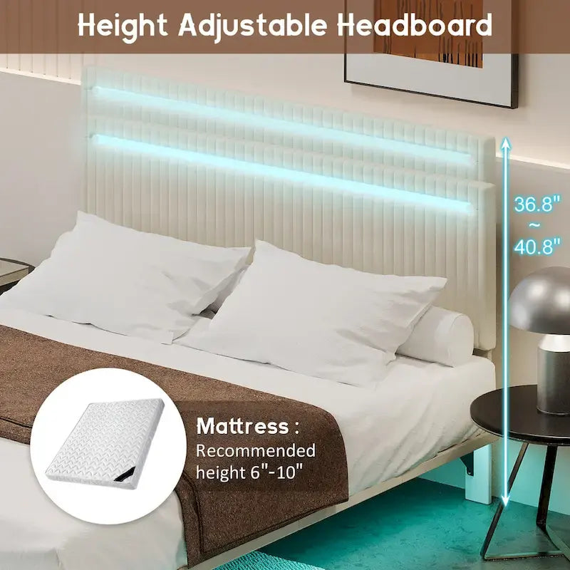 Roomfitters Full/Queen Size Floating Platform Bed Frame, Velvet Upholstery, Channel Tufted Headboard, No Box Spring Needed