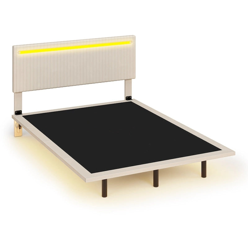 Roomfitters Full/Queen Size Floating Platform Bed Frame, Velvet Upholstery, Channel Tufted Headboard, No Box Spring Needed
