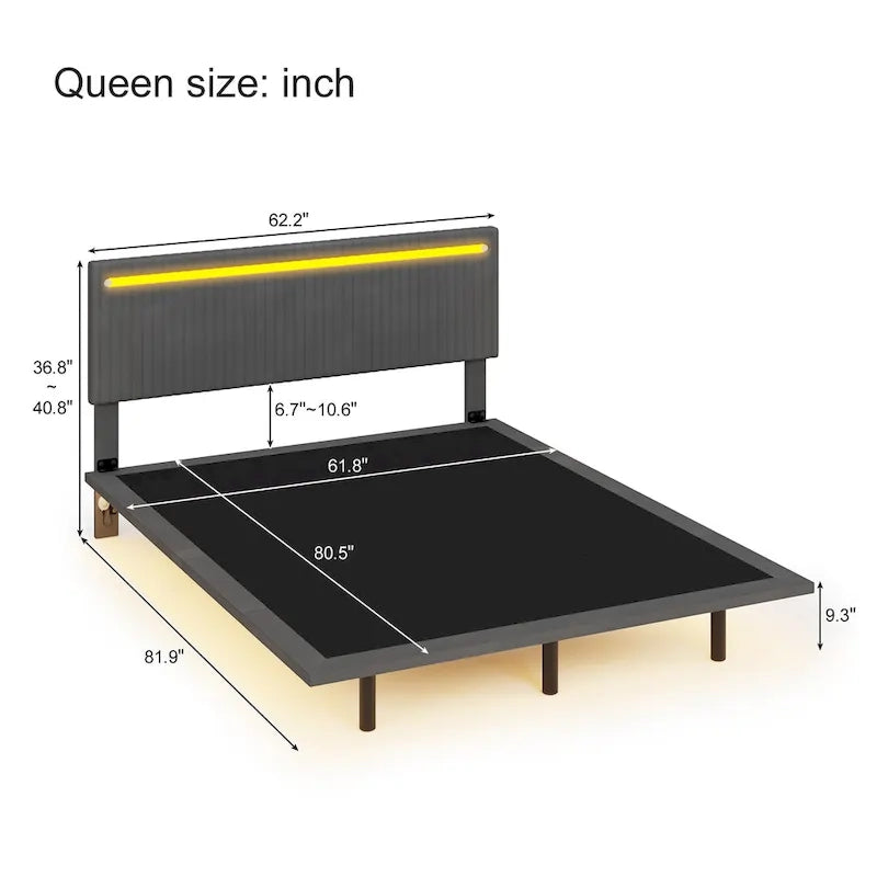 Roomfitters Full/Queen Size Floating Platform Bed Frame, Velvet Upholstery, Channel Tufted Headboard, No Box Spring Needed