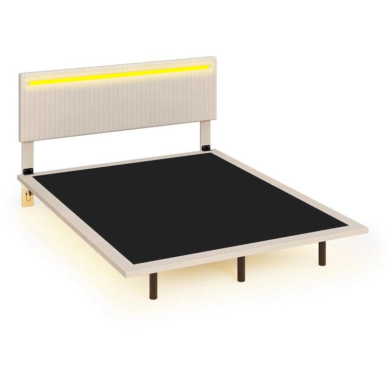 Roomfitters Full/Queen Size Floating Platform Bed Frame, Velvet Upholstery, Channel Tufted Headboard, No Box Spring Needed