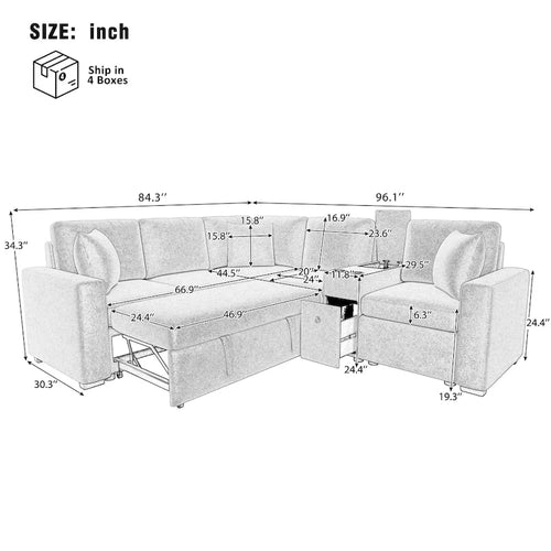 120.5 Chenille L-Shaped Sectional Sofa Bed with Storage & Cup Holders