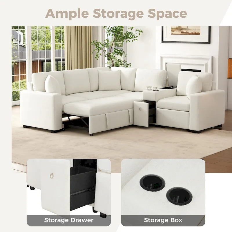 120.5 Chenille L-Shaped Sectional Sofa Bed with Storage & Cup Holders