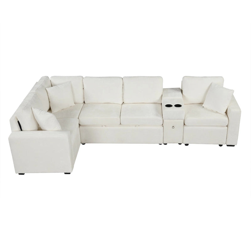 120.5 Chenille L-Shaped Sectional Sofa Bed with Storage & Cup Holders