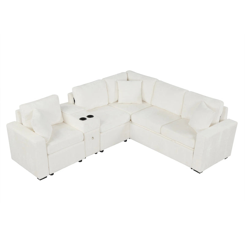 120.5 Chenille L-Shaped Sectional Sofa Bed with Storage & Cup Holders