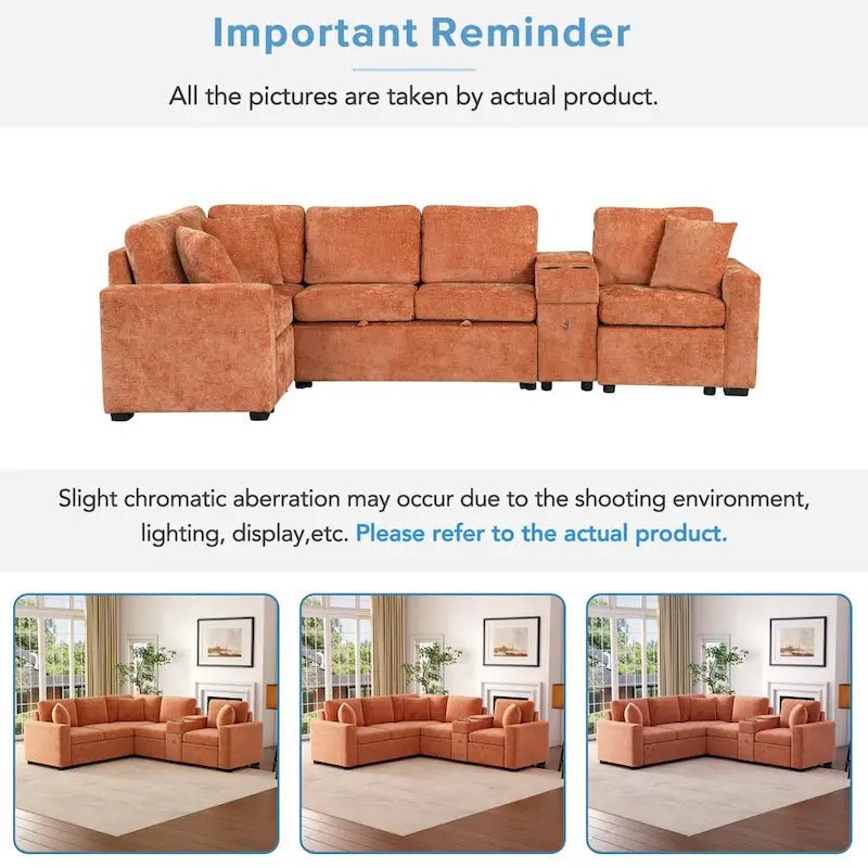 120.5 Chenille L-Shaped Sectional Sofa Bed with Storage & Cup Holders