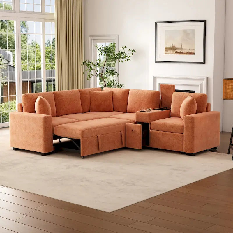 120.5 Chenille L-Shaped Sectional Sofa Bed with Storage & Cup Holders