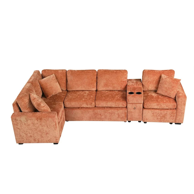 120.5 Chenille L-Shaped Sectional Sofa Bed with Storage & Cup Holders