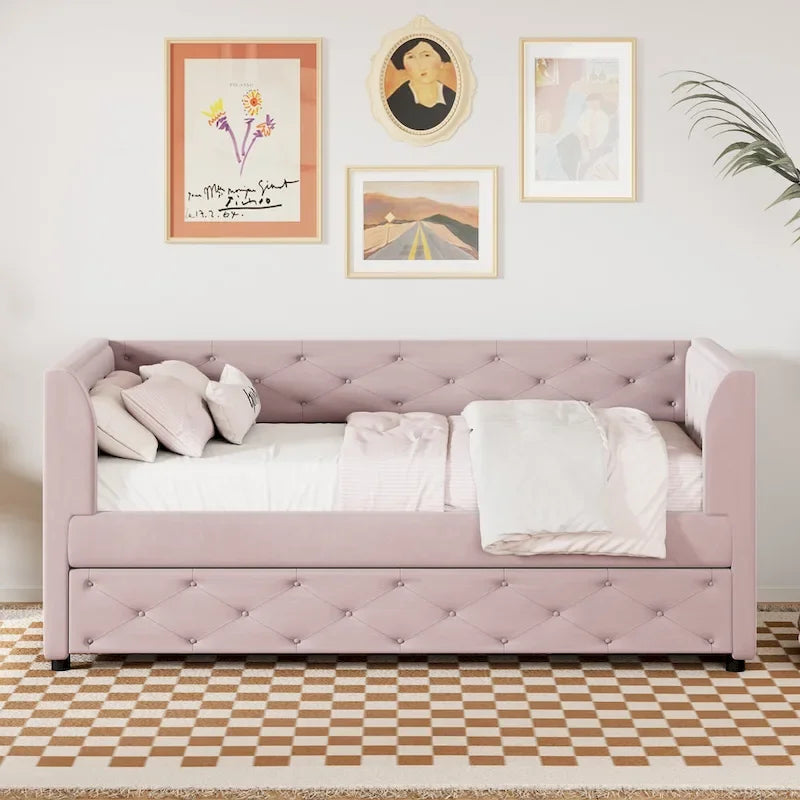 Twin Velvet Tufted Daybed with Trundle & Storage
