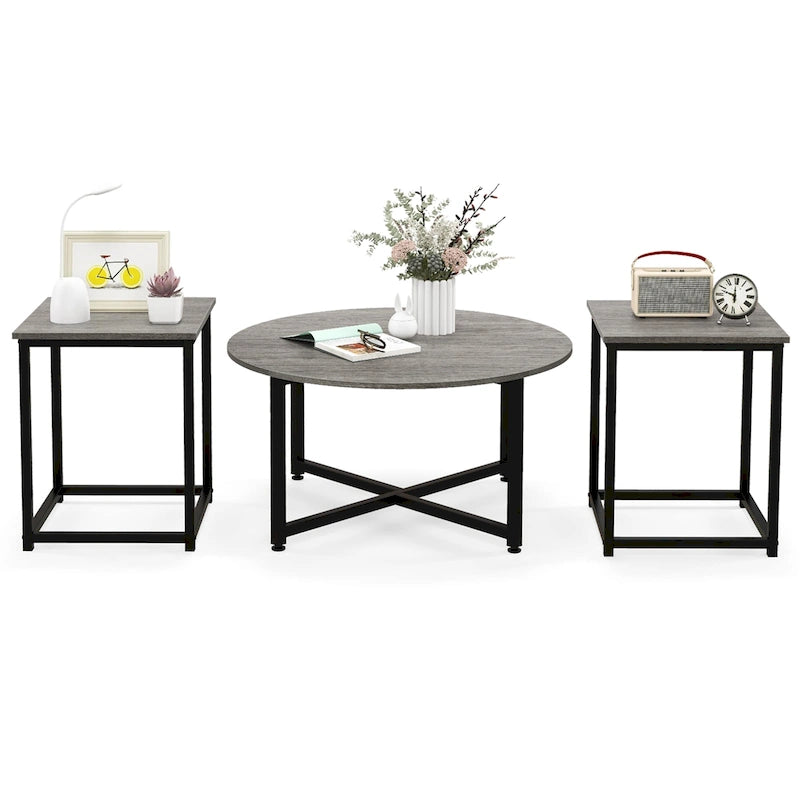 Costway 3 PCS Coffee Table Set Round Coffee Table and 2PCS Square End - See Details