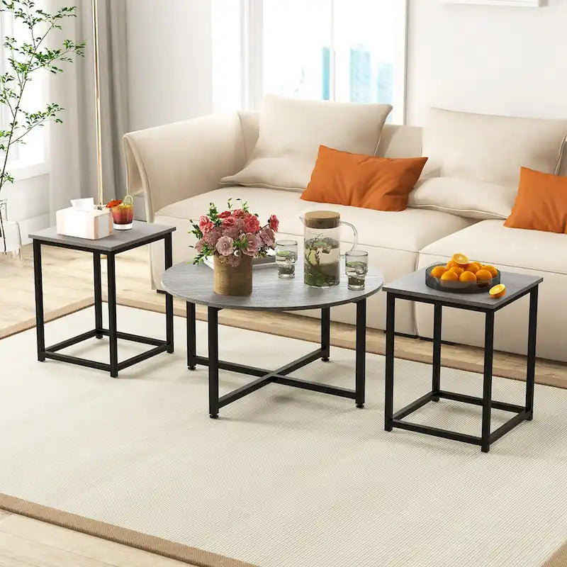 Costway 3 PCS Coffee Table Set Round Coffee Table and 2PCS Square End - See Details