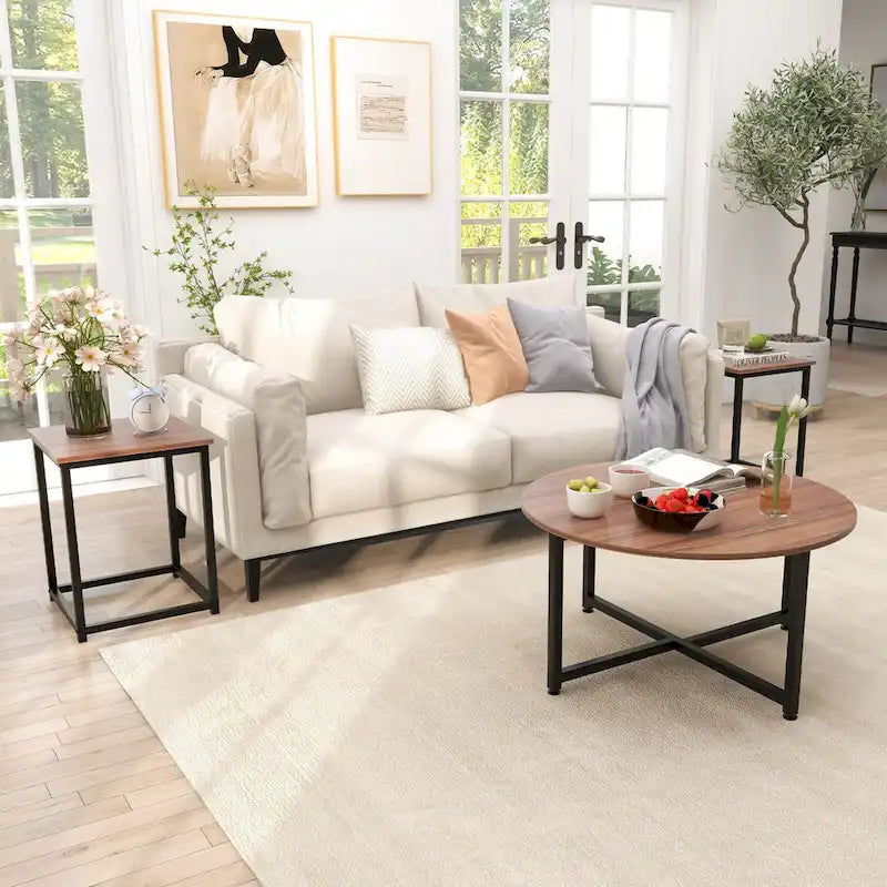 Costway 3 PCS Coffee Table Set Round Coffee Table and 2PCS Square End - See Details