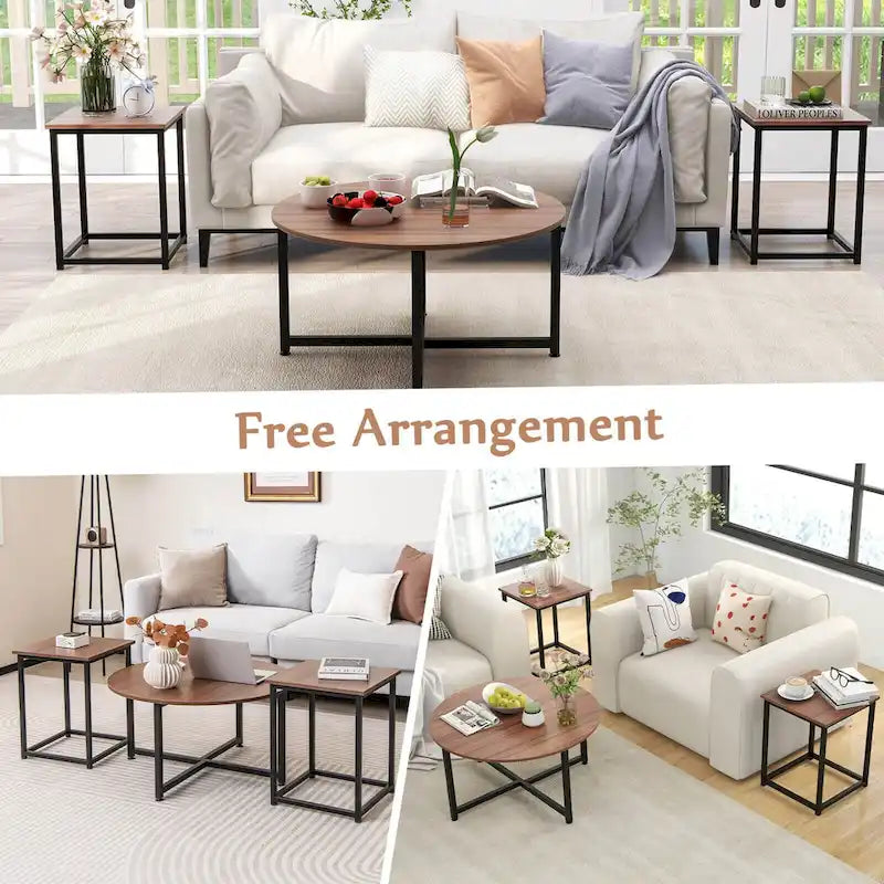 Costway 3 PCS Coffee Table Set Round Coffee Table and 2PCS Square End - See Details