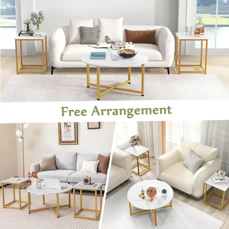 Costway 3 PCS Coffee Table Set Round Coffee Table and 2PCS Square End - See Details