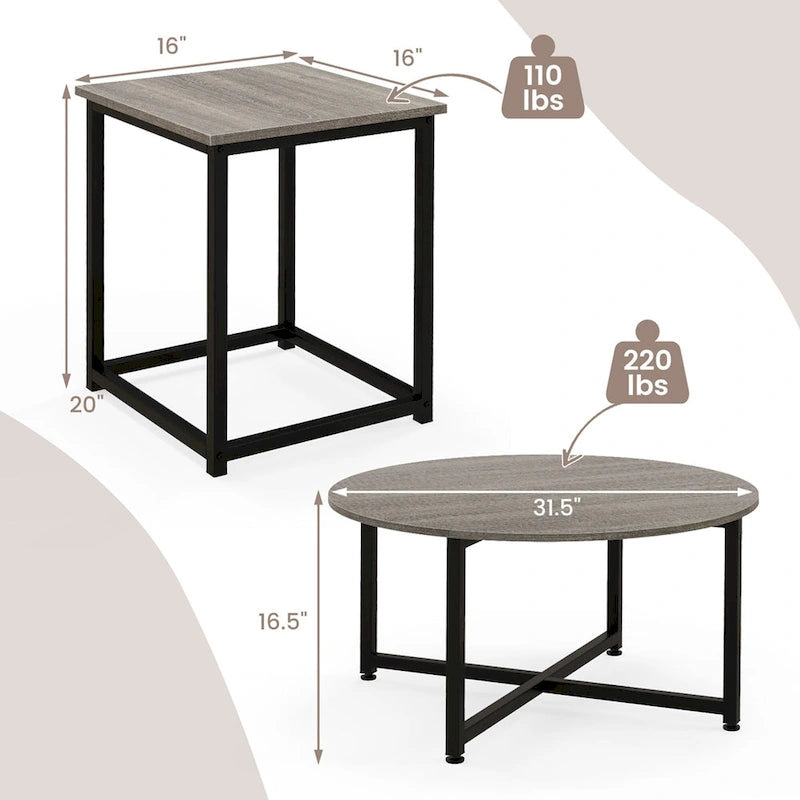 Costway 3 PCS Coffee Table Set Round Coffee Table and 2PCS Square End - See Details