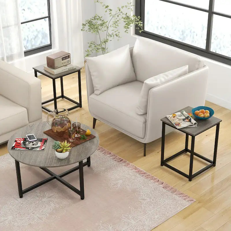 Costway 3 PCS Coffee Table Set Round Coffee Table and 2PCS Square End - See Details