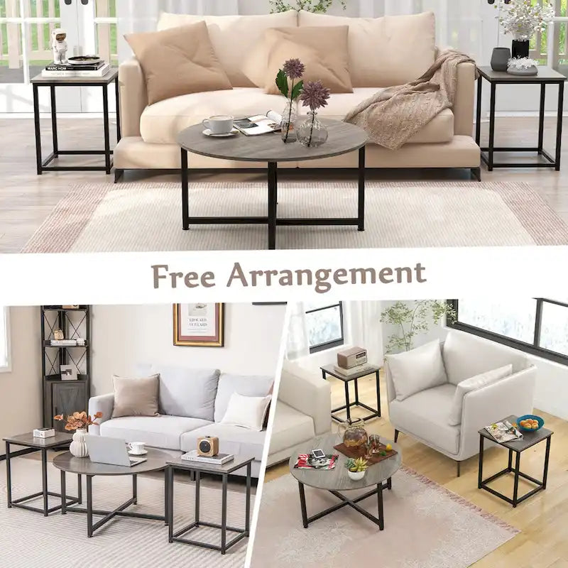 Costway 3 PCS Coffee Table Set Round Coffee Table and 2PCS Square End - See Details