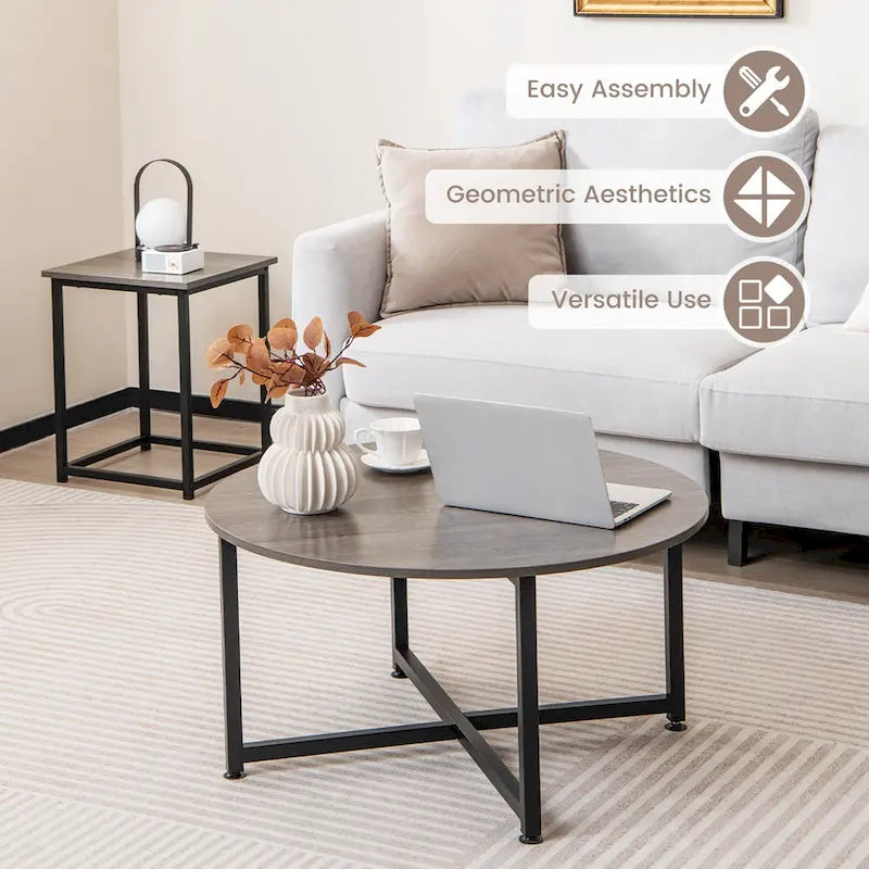 Costway 3 PCS Coffee Table Set Round Coffee Table and 2PCS Square End - See Details