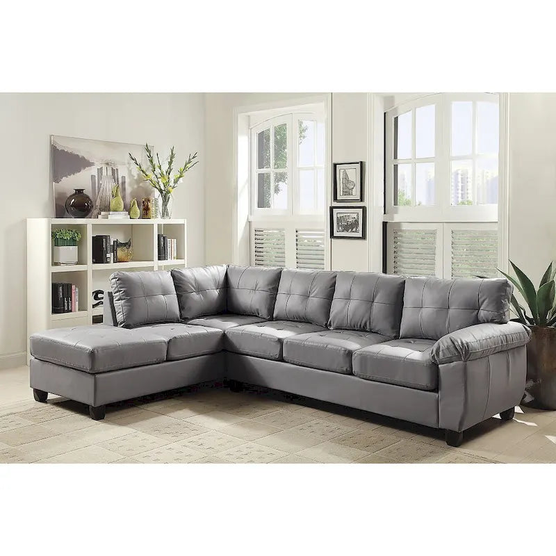 Tufted Reversible Faux Leather L-Shape Sectional Sofa - 111 - Gray