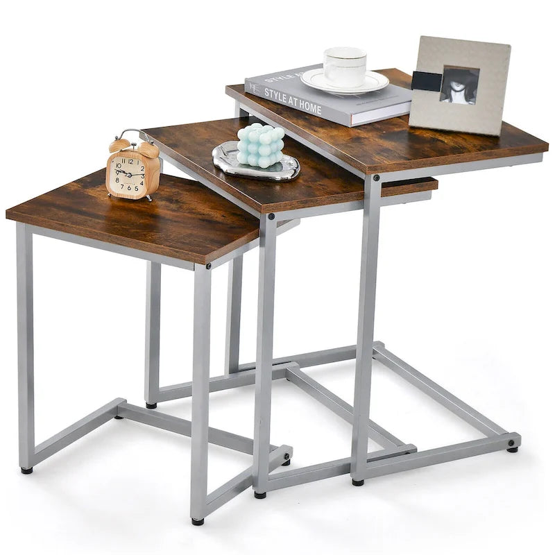 Gymax 3 Pcs Nesting Coffee End Table Set Stacking Side Nightstand