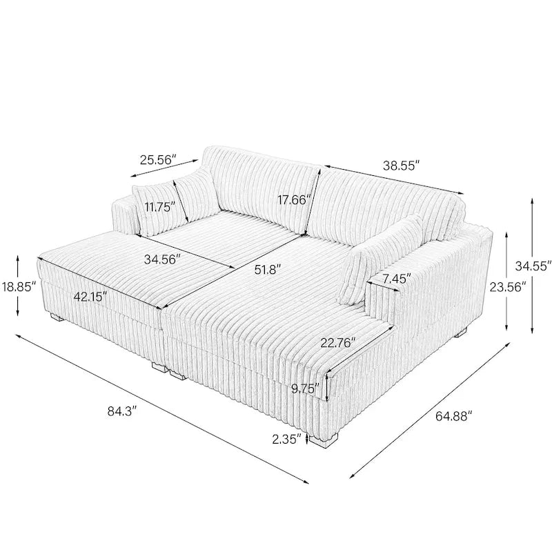 Sophia 84 W Plush Corduroy Chaise Lounge Modular Sectional Sofa