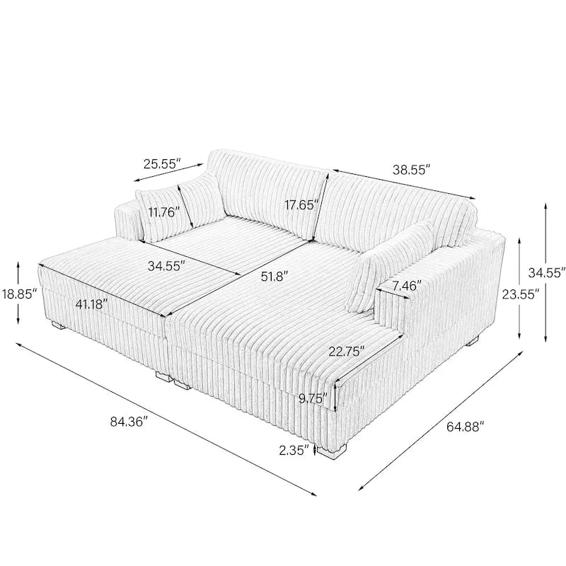 Sophia 84 W Plush Corduroy Chaise Lounge Modular Sectional Sofa