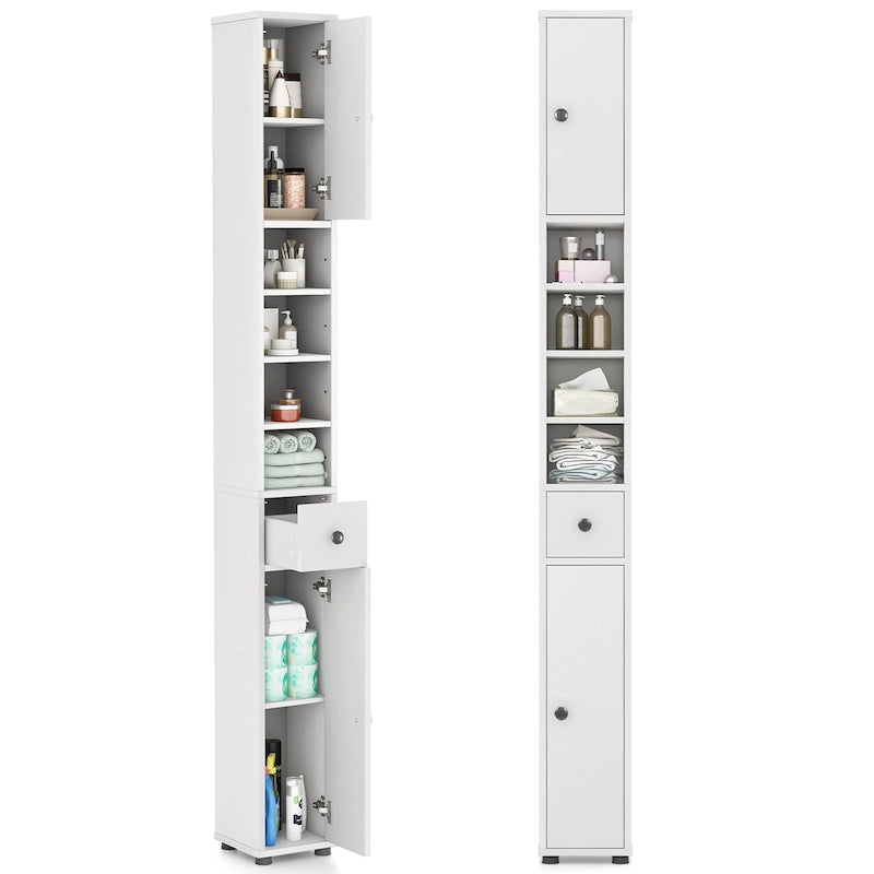 Gymax Tall Slim Bathroom Storage Cabinet Linen Tower w/ Drawer &