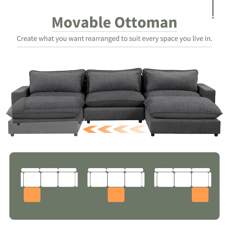 Sectional Sofa Cloud Sofa, Chenille Upholstered Sofa Couch with Movable Ottoman Charging Ports and 3 Back Pillows