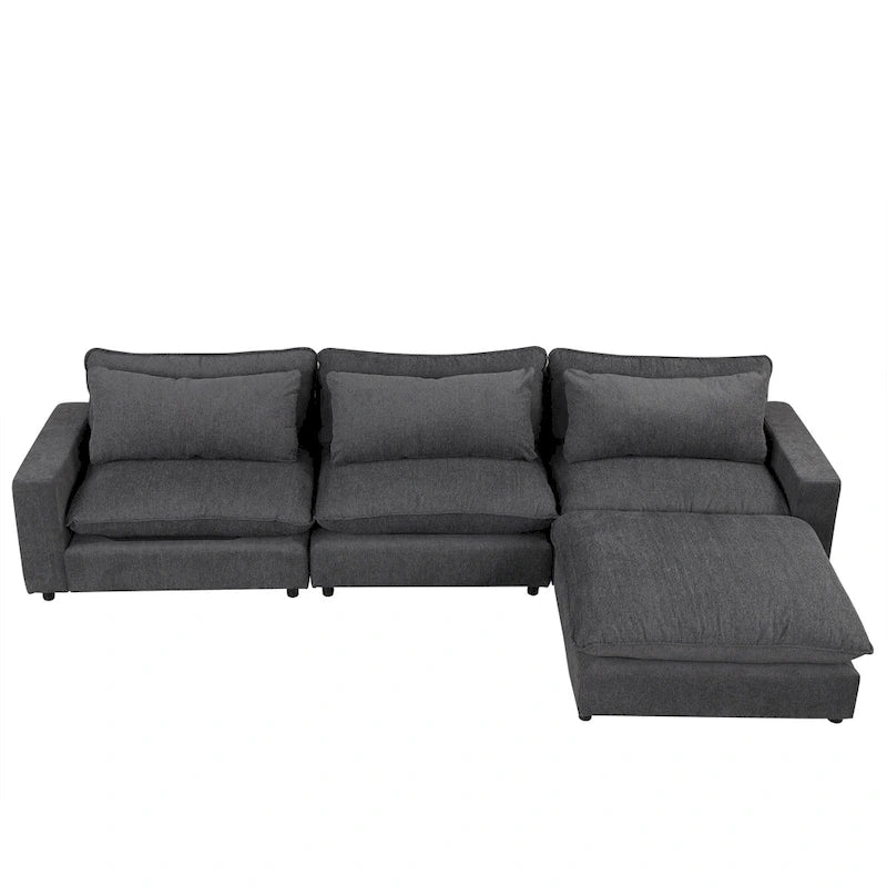 Sectional Sofa Cloud Sofa, Chenille Upholstered Sofa Couch with Movable Ottoman Charging Ports and 3 Back Pillows