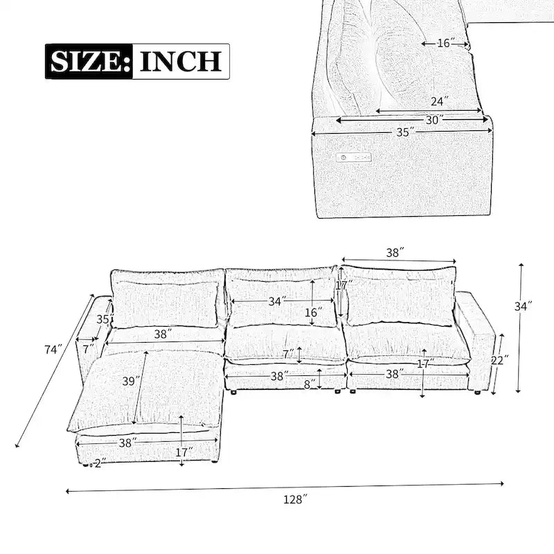 Sectional Sofa Cloud Sofa, Chenille Upholstered Sofa Couch with Movable Ottoman Charging Ports and 3 Back Pillows