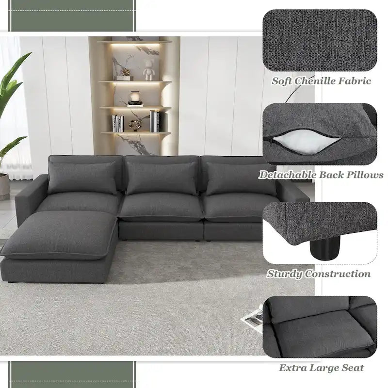 Sectional Sofa Cloud Sofa, Chenille Upholstered Sofa Couch with Movable Ottoman Charging Ports and 3 Back Pillows