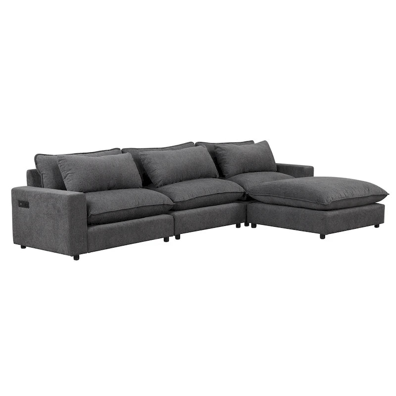 Sectional Sofa Cloud Sofa, Chenille Upholstered Sofa Couch with Movable Ottoman Charging Ports and 3 Back Pillows
