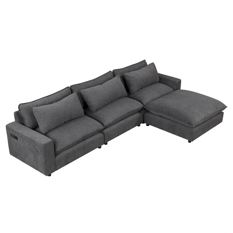 Sectional Sofa Cloud Sofa, Chenille Upholstered Sofa Couch with Movable Ottoman Charging Ports and 3 Back Pillows
