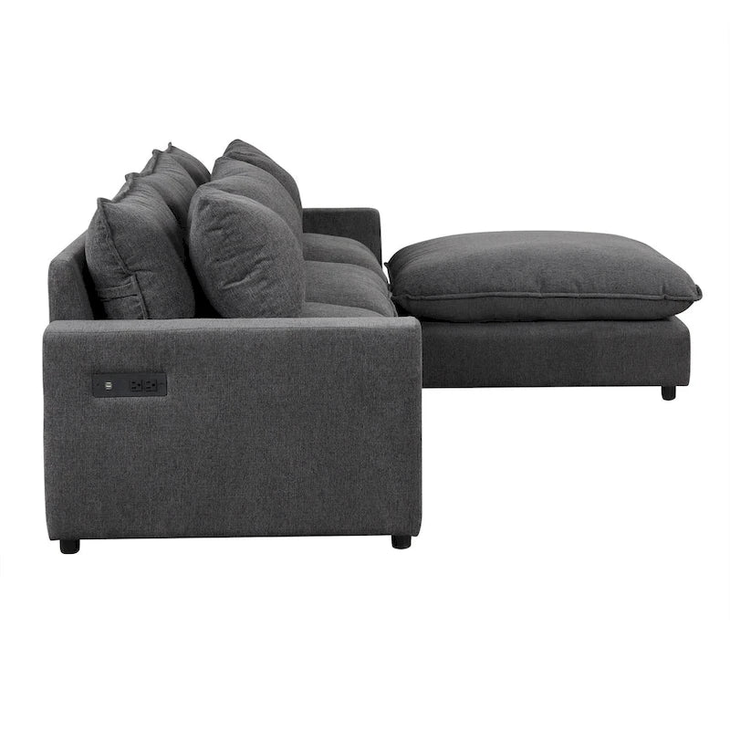 Sectional Sofa Cloud Sofa, Chenille Upholstered Sofa Couch with Movable Ottoman Charging Ports and 3 Back Pillows